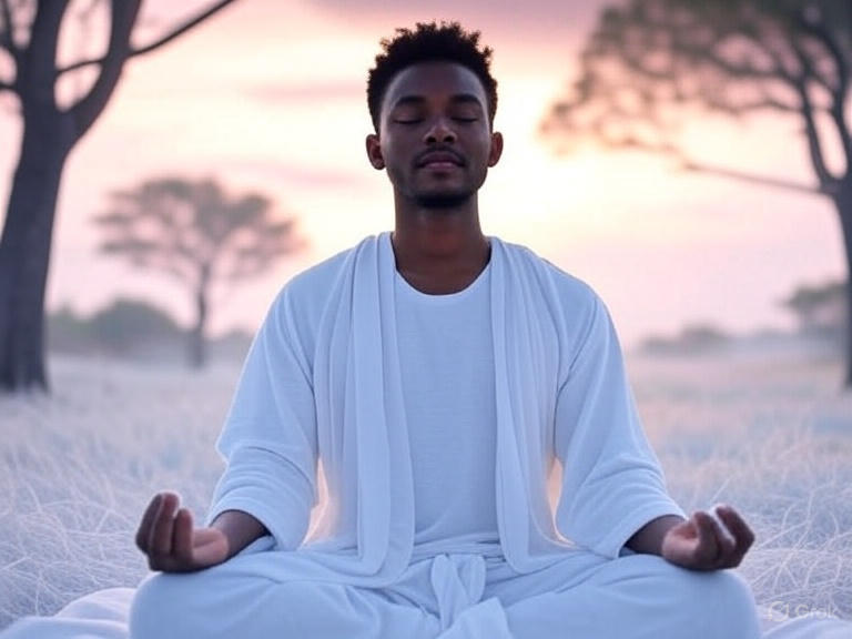 A stylized image depicting a person meditating in a serene environment, surrounded by soft, glowing light. The color palette should be soothing and harmonious, with pastel colors and gentle gradients. Camera angle: A wide shot to capture the person and their surroundings. Style reference: zen and minimalist, emphasizing the importance of inner peace. Environment: A natural setting, such as a forest or a beach, with calming sounds and gentle breezes.