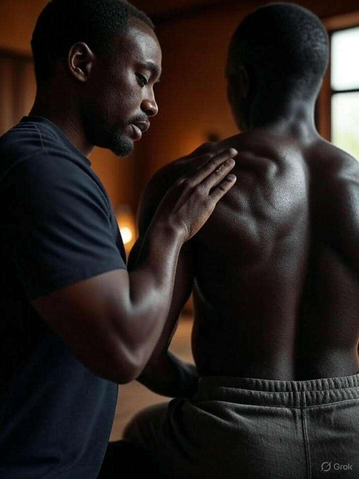 A close-up, photorealistic image of a therapist applying deep pressure to a client's shoulder. Strong, focused lighting. Emphasis on muscle structure. Earthy color tones. 4K resolution, showing detail.