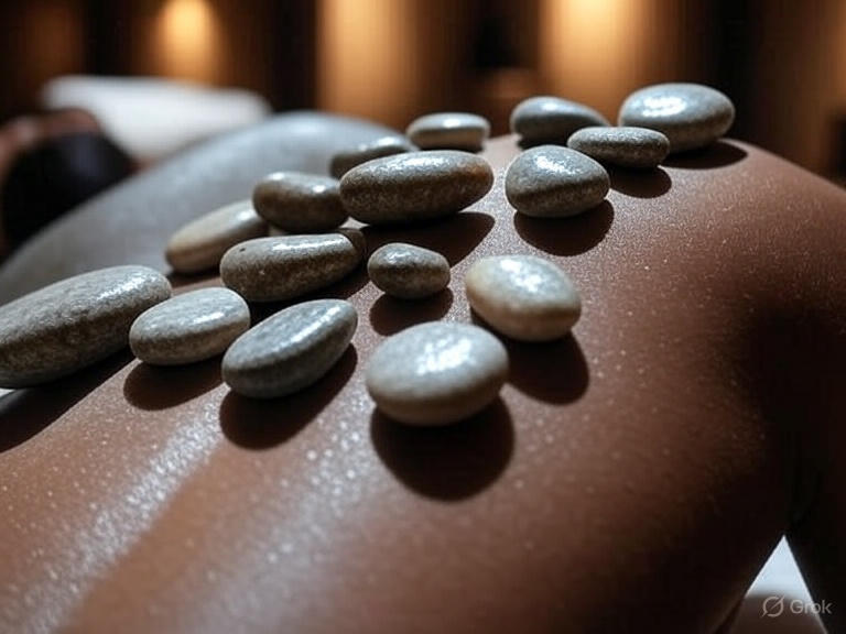 A photorealistic image of smooth, heated stones resting on a client's back. Soft, ambient lighting. Warm color palette with golden accents. 4K resolution, emphasizing the stones' texture and warmth.