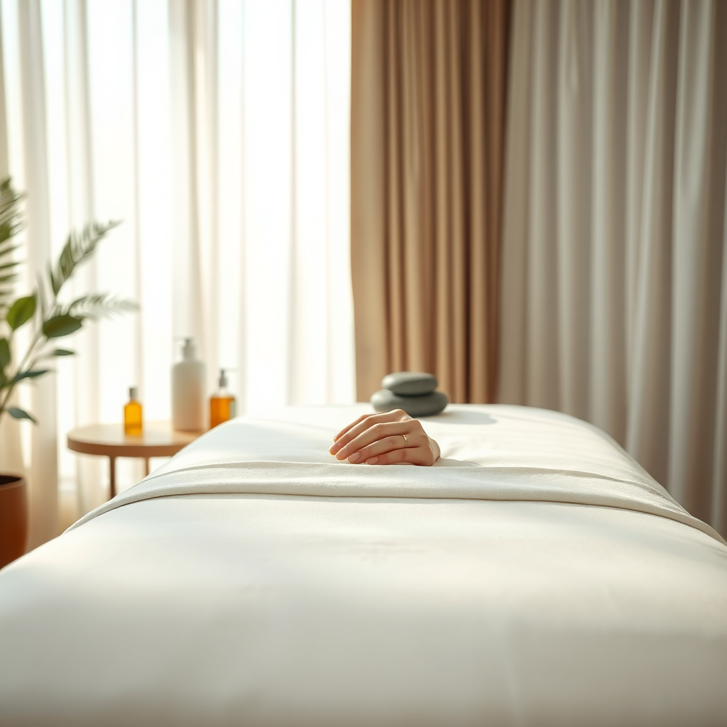 A stunning 8K photorealistic image showcasing a serene massage setting. Soft, diffused natural light streams through sheer curtains, illuminating a massage table draped in pristine white linens. Focus is on a pair of relaxed hands gently resting on the table, suggesting deep relaxation. Aromatherapy oils and smooth, warm stones are subtly placed in the background. The color palette is calming and neutral, with accents of soft greens and blues. Camera angle is a slightly elevated, wide shot to capture the tranquility of the space. Texture details should be highly realistic, highlighting the softness of the linens, the smoothness of the stones, and the delicate skin texture. Style reference: a blend of modern minimalism and spa aesthetics. Environment: a quiet, private room designed for ultimate relaxation. Hyperrealistic rendering to convey a sense of peace and escape.